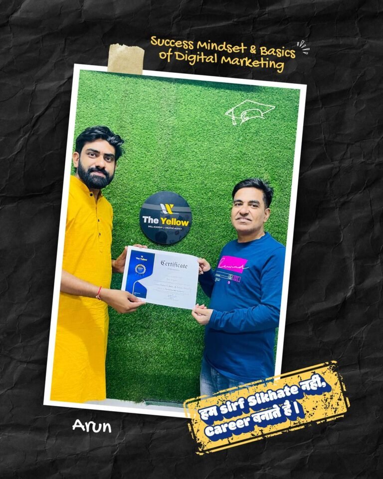 Arun holding the Success Mindset & Basics of Digital Marketing certificate at The Yellow Skill Academy, Sri Ganganagar