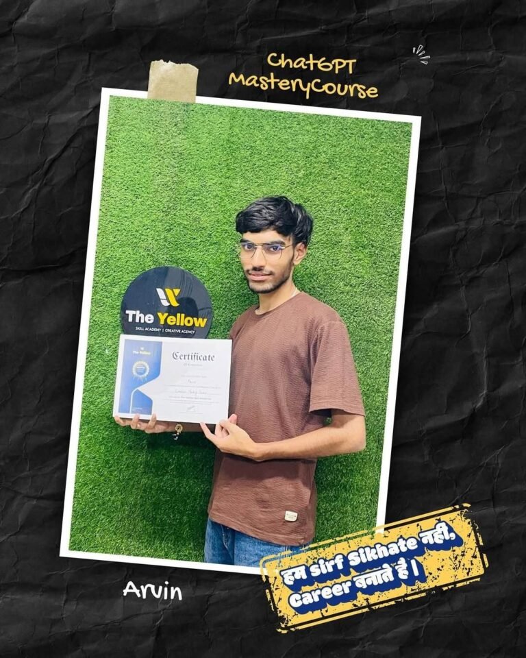 Arvin holding the ChatGPT Mastery Course certificate at The Yellow Skill Academy, Sri Ganganagar
