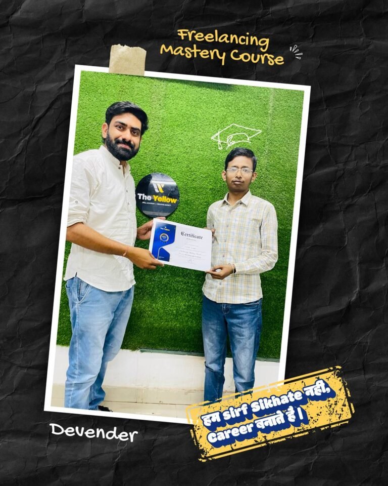 Devender holding the Freelancing Mastery Course certificate at The Yellow Skill Academy, Sri Ganganagar