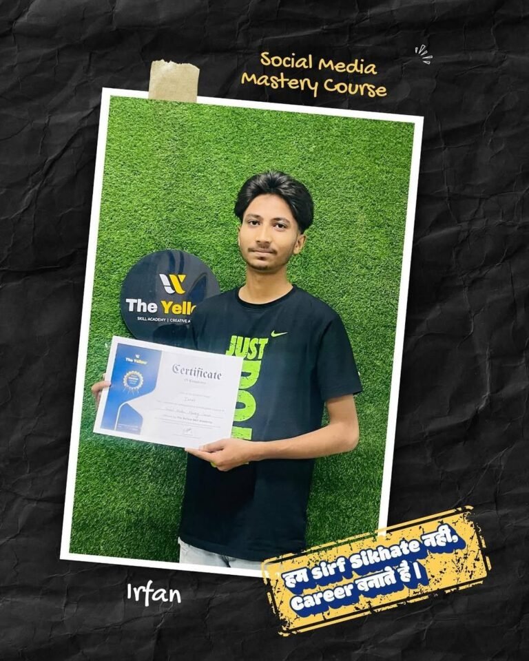 Irfan holding the Social Media Mastery Course certificate at The Yellow Skill Academy, Sri Ganganagar