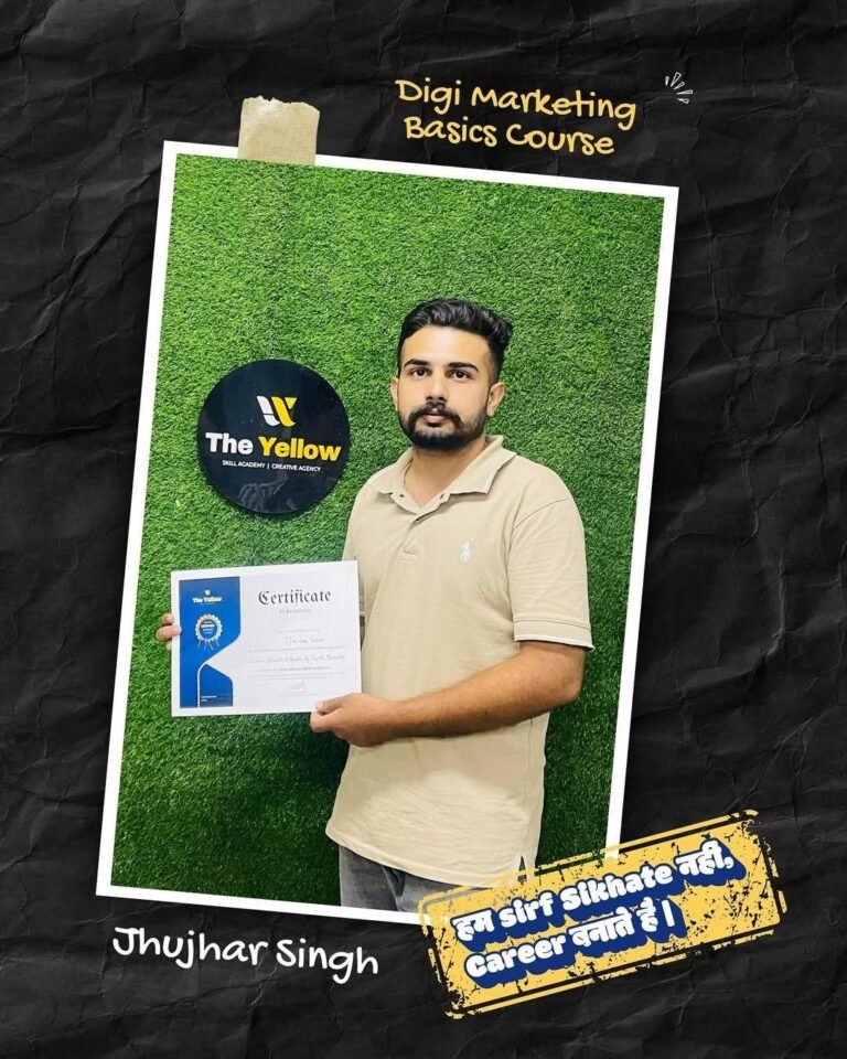 Jhujhar Singh holding the Digital Marketing Basics Course certificate at The Yellow Skill Academy, Sri Ganganagar