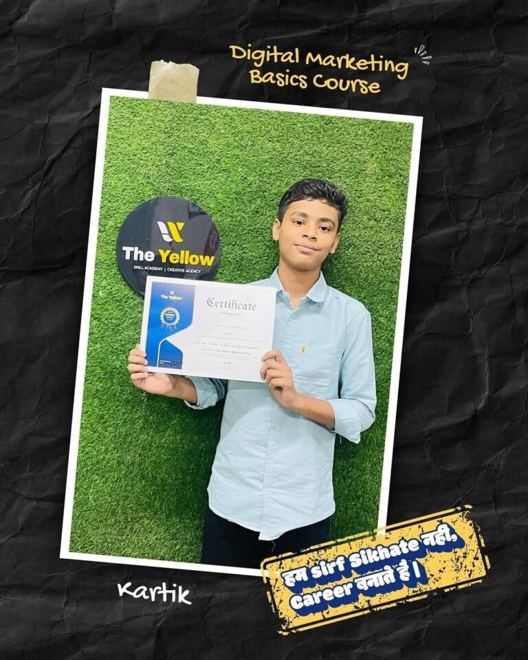 Kartik holding the Digital Marketing Basics Course certificate at The Yellow Skill Academy, Sri Ganganagar