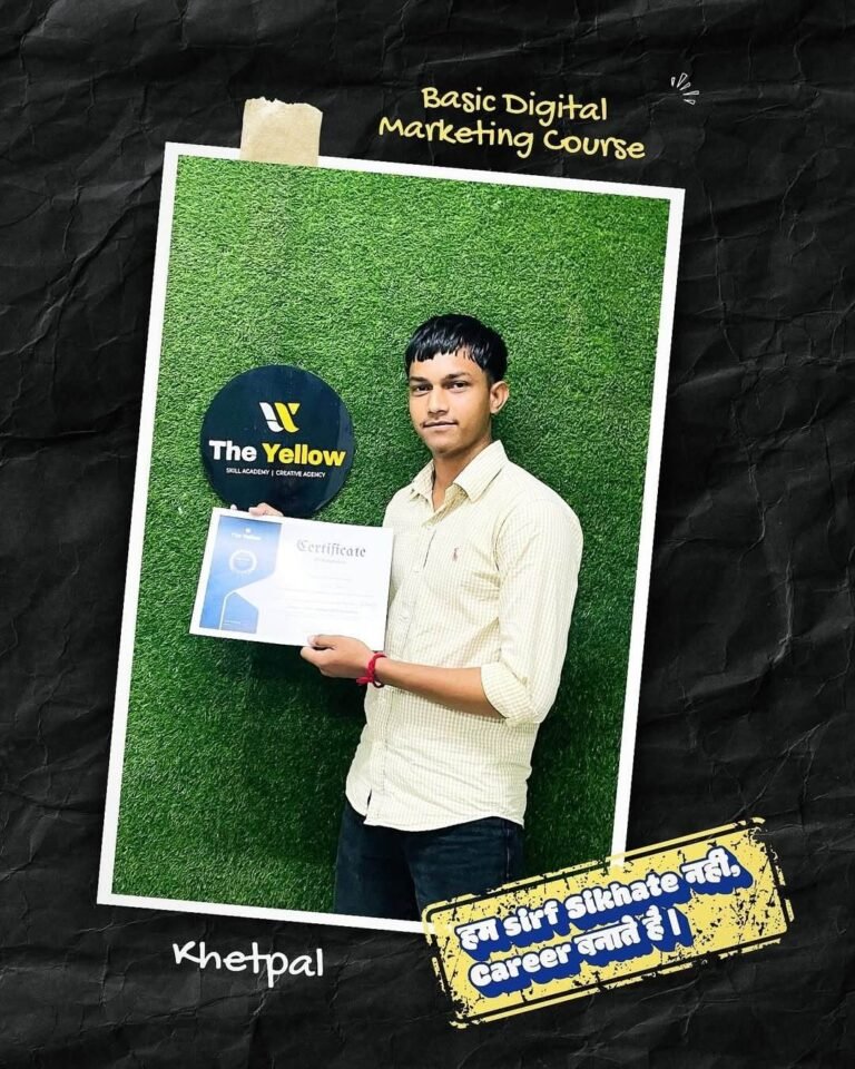 Khetpal holding the Basic Digital Marketing Course certificate at The Yellow Skill Academy, Sri Ganganagar