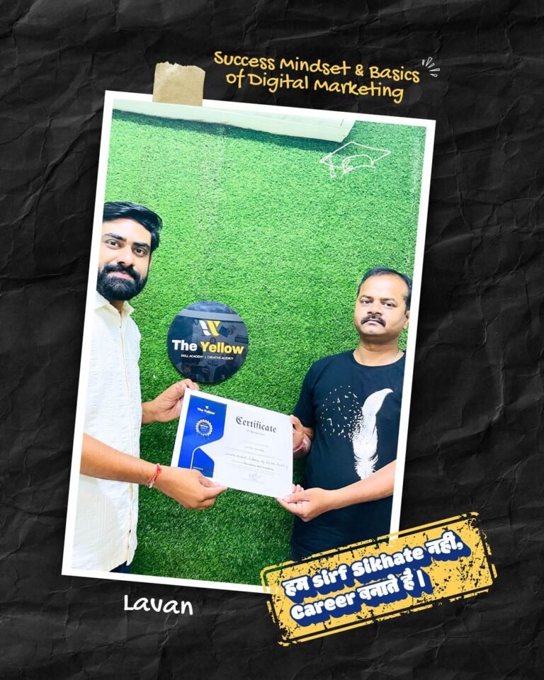 Lavan holding the Success Mindset & Basics of Digital Marketing certificate at The Yellow Skill Academy, Sri Ganganagar