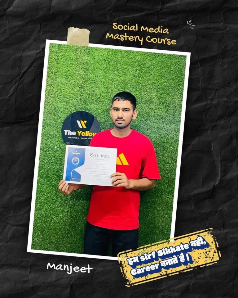 Manjeet holding the Social Media Mastery Course certificate at The Yellow Skill Academy, Sri Ganganagar