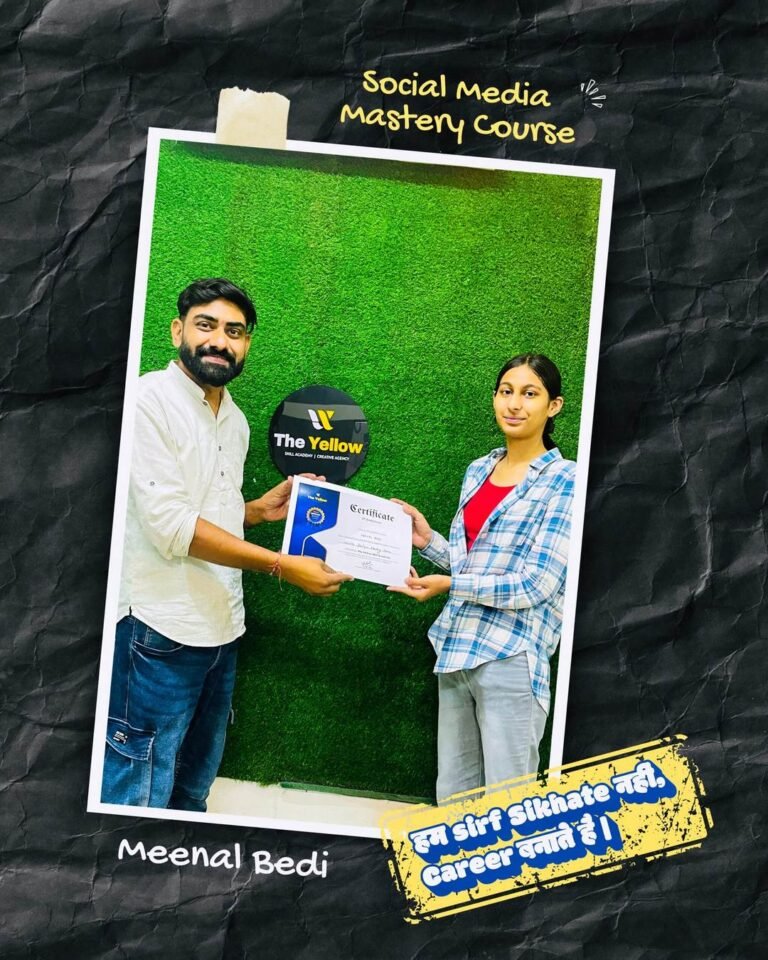 Meenal Bedi holding the Social Media Mastery Course certificate at The Yellow Skill Academy, Sri Ganganagar