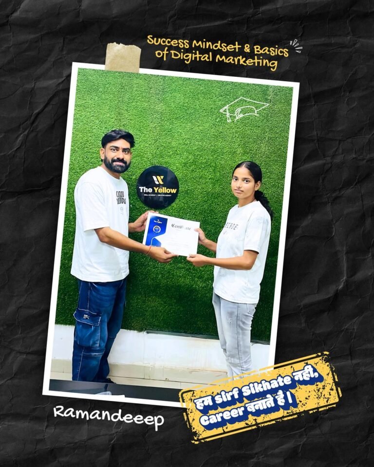 Ramandeep holding the Success Mindset & Basics of Digital Marketing certificate at The Yellow Skill Academy, Sri Ganganagar