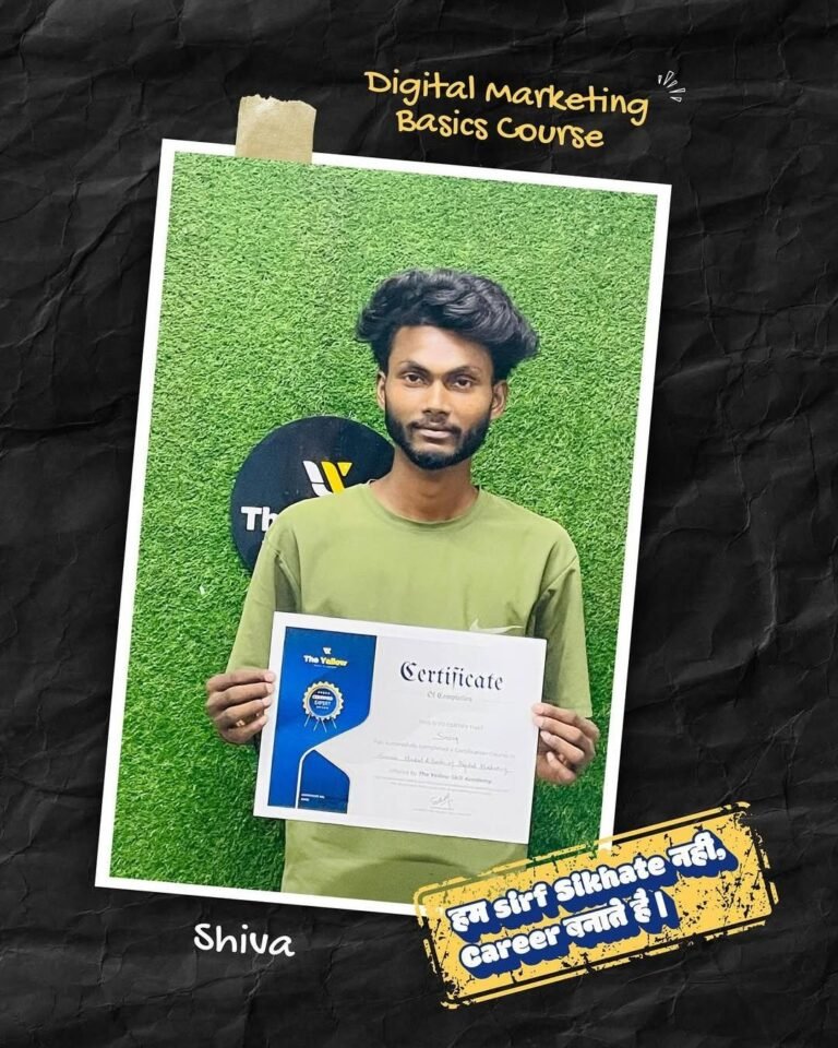 Shiva holding the Digital Marketing Basics Course certificate at The Yellow Skill Academy, Sri Ganganagar