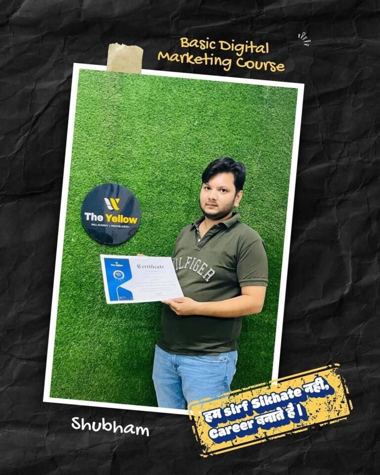 Shubham holding the Basic Digital Marketing Course certificate at The Yellow Skill Academy, Sri Ganganagar