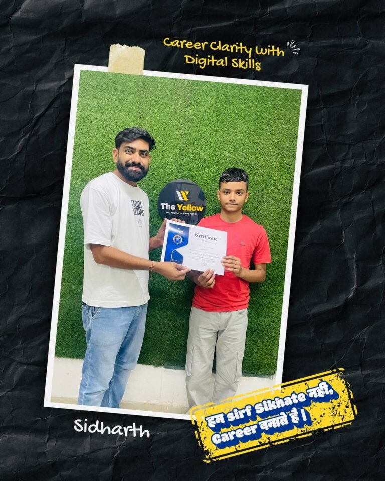 Sidharth holding the Career Clarity with Digital Skills certificate at The Yellow Skill Academy, Sri Ganganagar