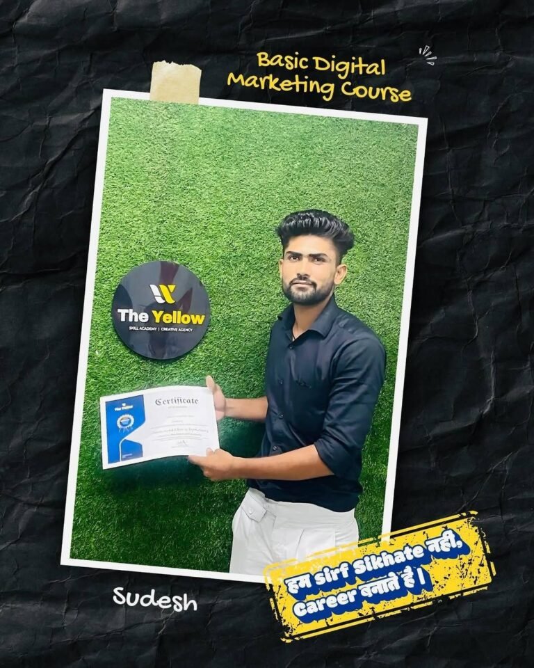 Sudesh holding the Basic Digital Marketing Course certificate at The Yellow Skill Academy, Sri Ganganagar