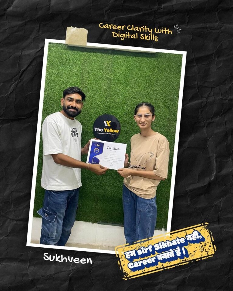 Sukhveen holding the Career Clarity with Digital Skills certificate at The Yellow Skill Academy, Sri Ganganagar