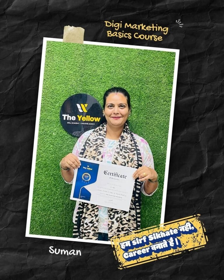 Suman holding the Digital Marketing Basics Course certificate at The Yellow Skill Academy, Sri Ganganagar