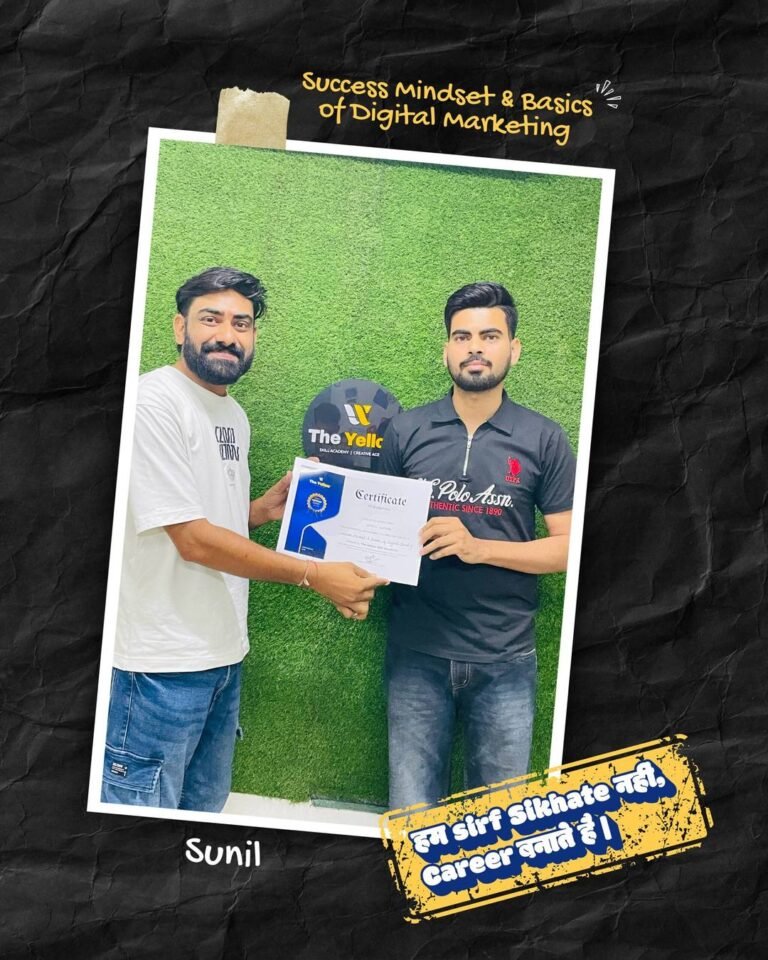 Sunil holding the Success Mindset & Basics of Digital Marketing certificate at The Yellow Skill Academy, Sri Ganganagar