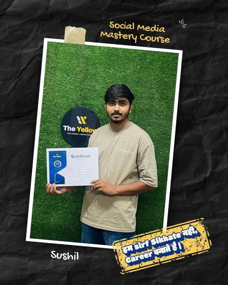 Sushil holding the Social Media Mastery Course certificate at The Yellow Skill Academy, Sri Ganganagar