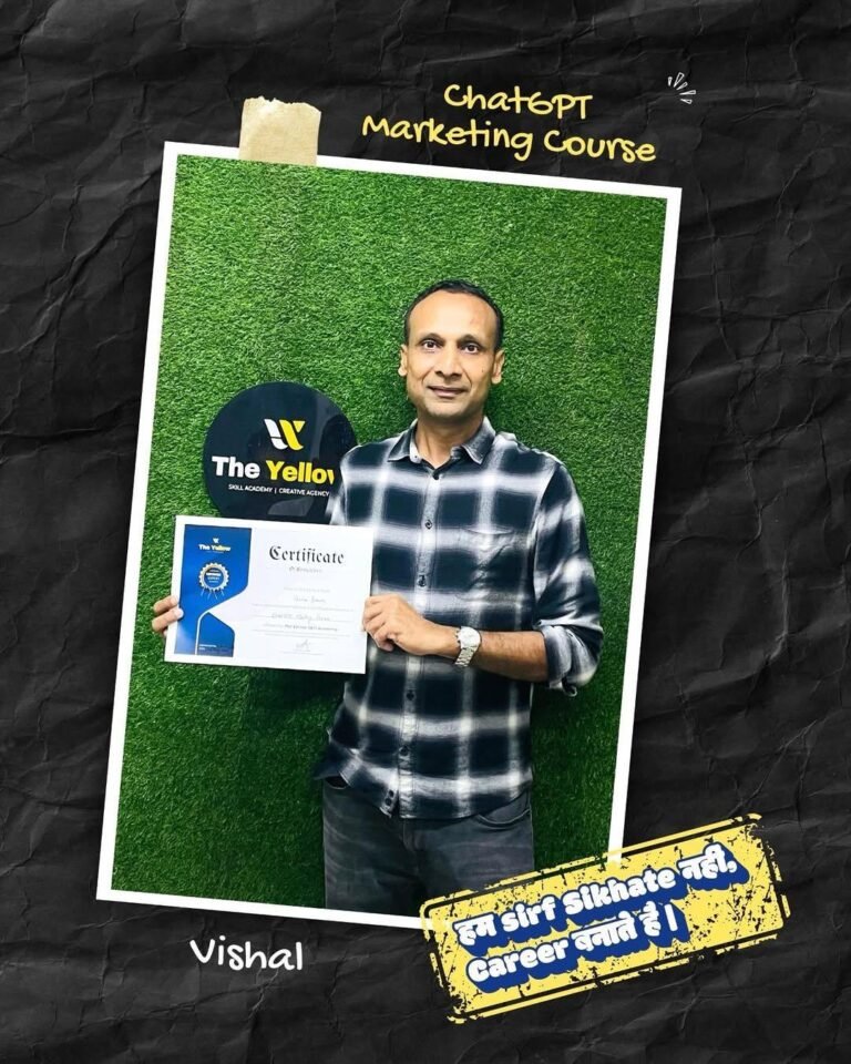 Vishal holding the ChatGPT Marketing Course certificate at The Yellow Skill Academy, Sri Ganganagar