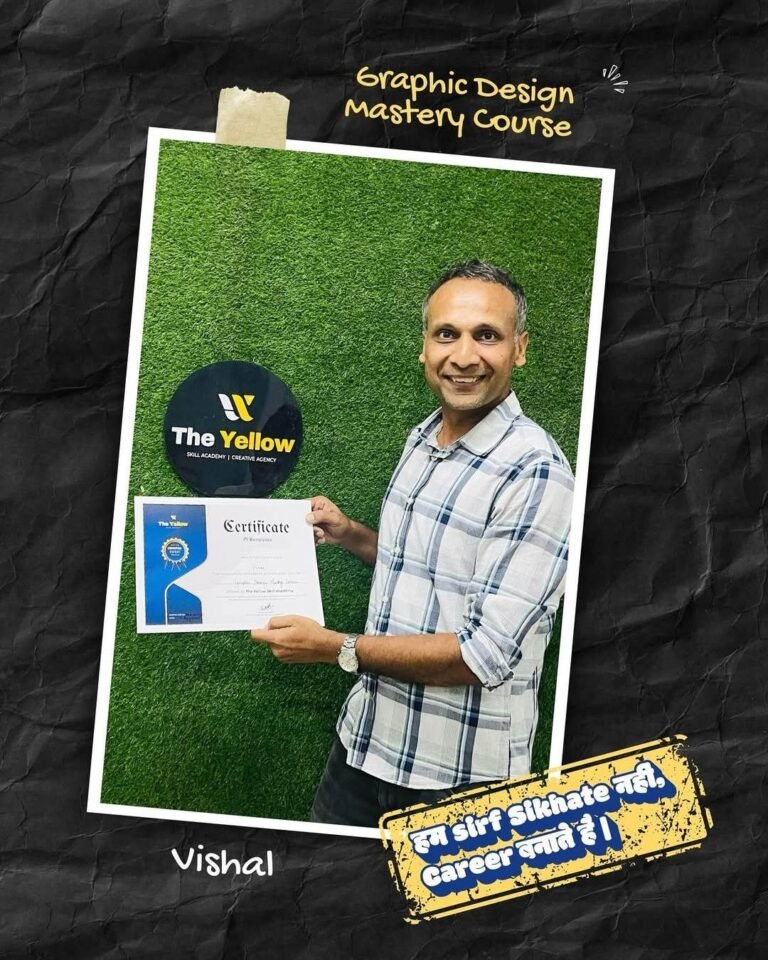 Vishal holding the Graphic Design Mastery Course certificate at The Yellow Skill Academy, Sri Ganganagar